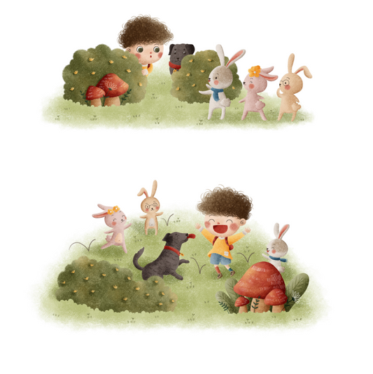 James & Cooper Art Print "Playing with Bunnies"